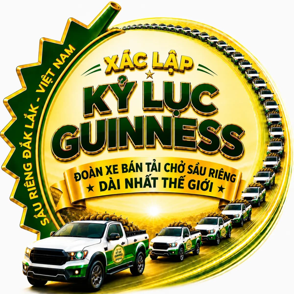 Huy hiệu chiến dịch xác lập kỷ lục Guinness hạng mục đoàn xe bán tải chở sầu riêng dài nhất thế giới, hình đoàn xe bán tải chở sầu riêng xếp thành vòng tròn