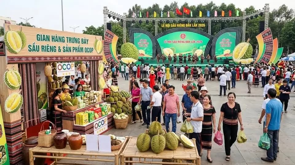 Gian hàng trưng bày sầu riêng và sản phẩm OCOP, phía sau là sân khấu mang dòng chữ Lễ hội Sầu riêng Đắk Lắk 2026